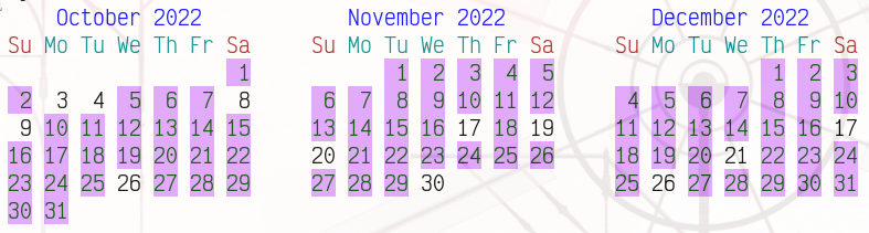 Calendar view from October to December with three to four days missing from each month.