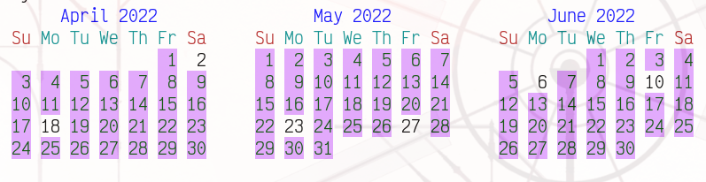 Calendar view from April to June with two days missing from each month.