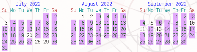 Calendar view from July to September with two to four days missing from each month.